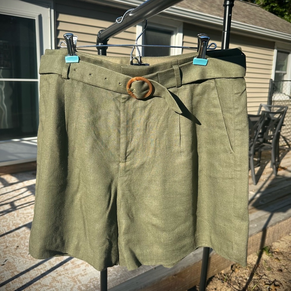 Jcrew Olive Green-Linen Blend- High Waisted- Belted Shorts- Size 10